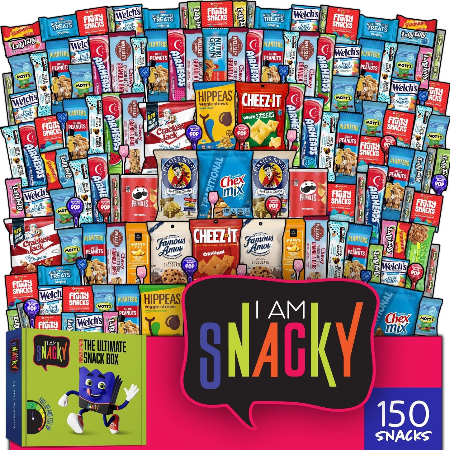 I AM Snacky - Valentines Day Snack Box Care Package + Greeting Card - SNACKY'S CELEBRATION CRATE (150 Count) Galentines Birthday Sweet Treats Gift Basket, Candies Chips,