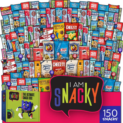 I AM Snacky - Valentines Day Snack Box Care Package + Greeting Card - SNACKY'S CELEBRATION CRATE (150 Count) Galentines Birthday Sweet Treats Gift Basket, Candies Chips,