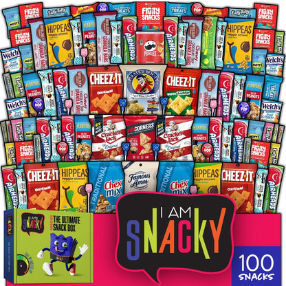 I AM Snacky - Valentines Day Snack Box Care Package + Greeting Card - SNACKY'S PARTY PACK (100 Count) Galentines Birthday Sweet Treats Gift Basket, Candies Chips Corporate