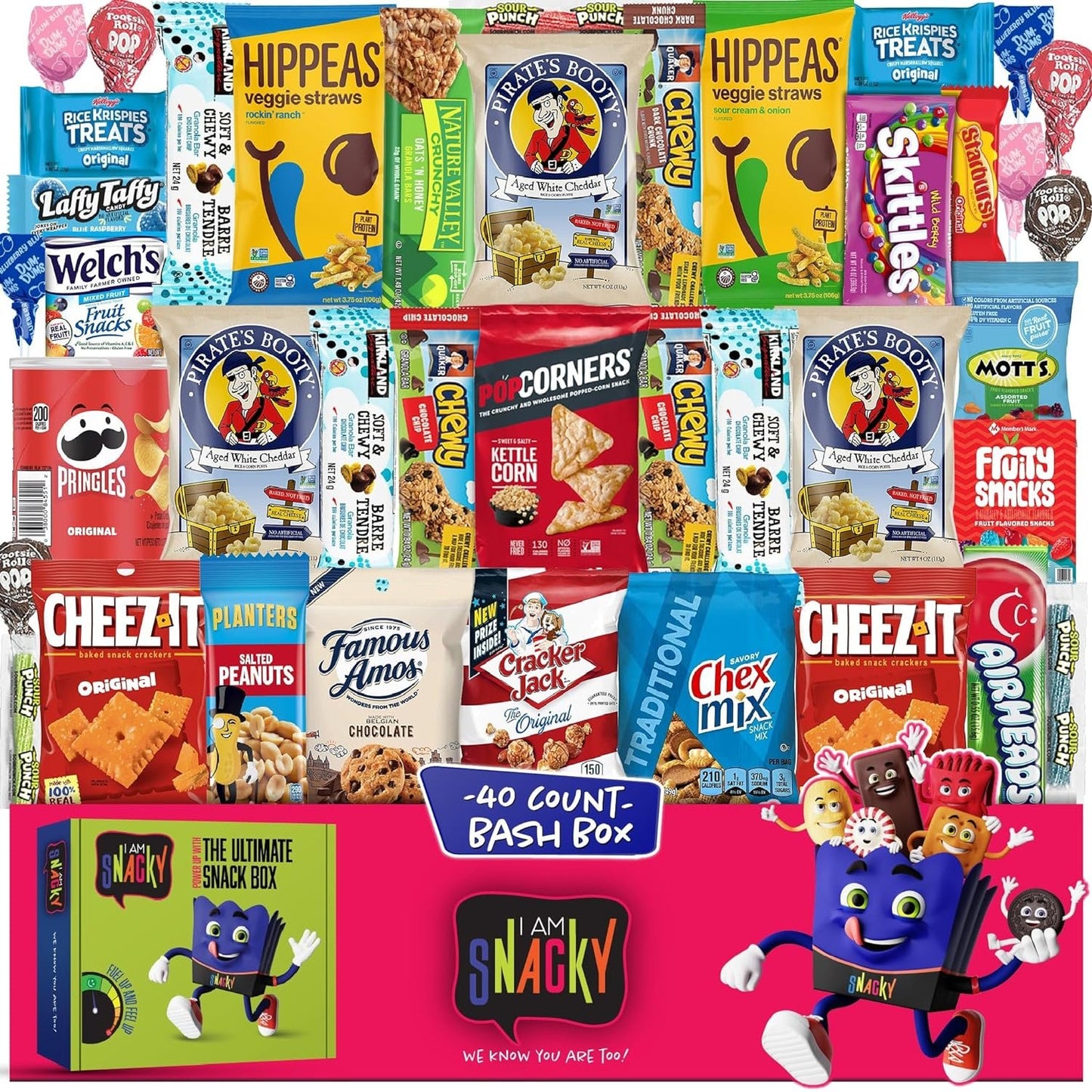 I AM Snacky - Diwali Snack Box Variety Pack Care Package + Greeting Card - SNACKY'S BASH BOX (40 Count) - Candies Gift Basket Sweet Trick Assortment Chips Crackers Bars - Crave Food Teens